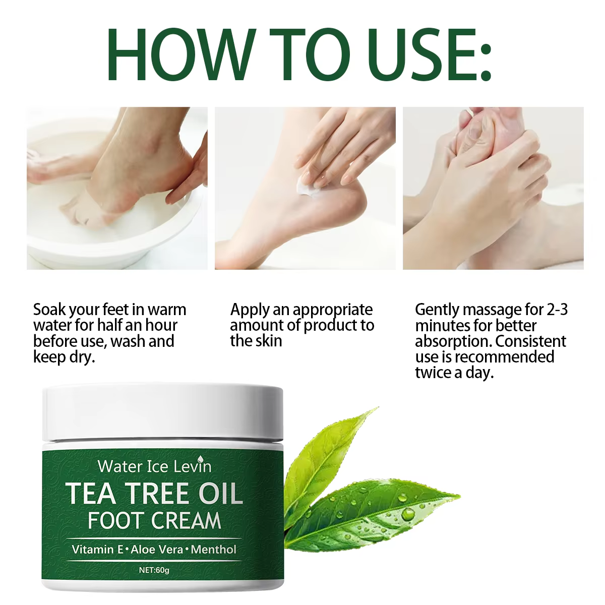 Crème pour les pieds à l'huile d'arbre à thé Water Ice Levin – Vitamine E Aloe Vera Menthol Ralent
