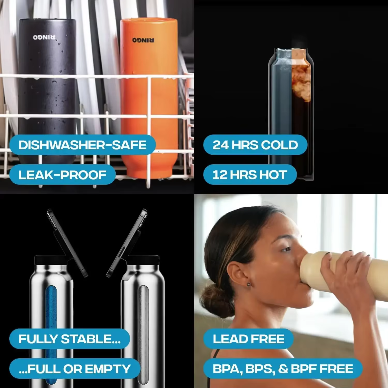 Bouteille d'eau sportive isolée pour hydratation quotidienne avec support magnétique pour téléphone portable pour la salle de sport et les activités de plein air