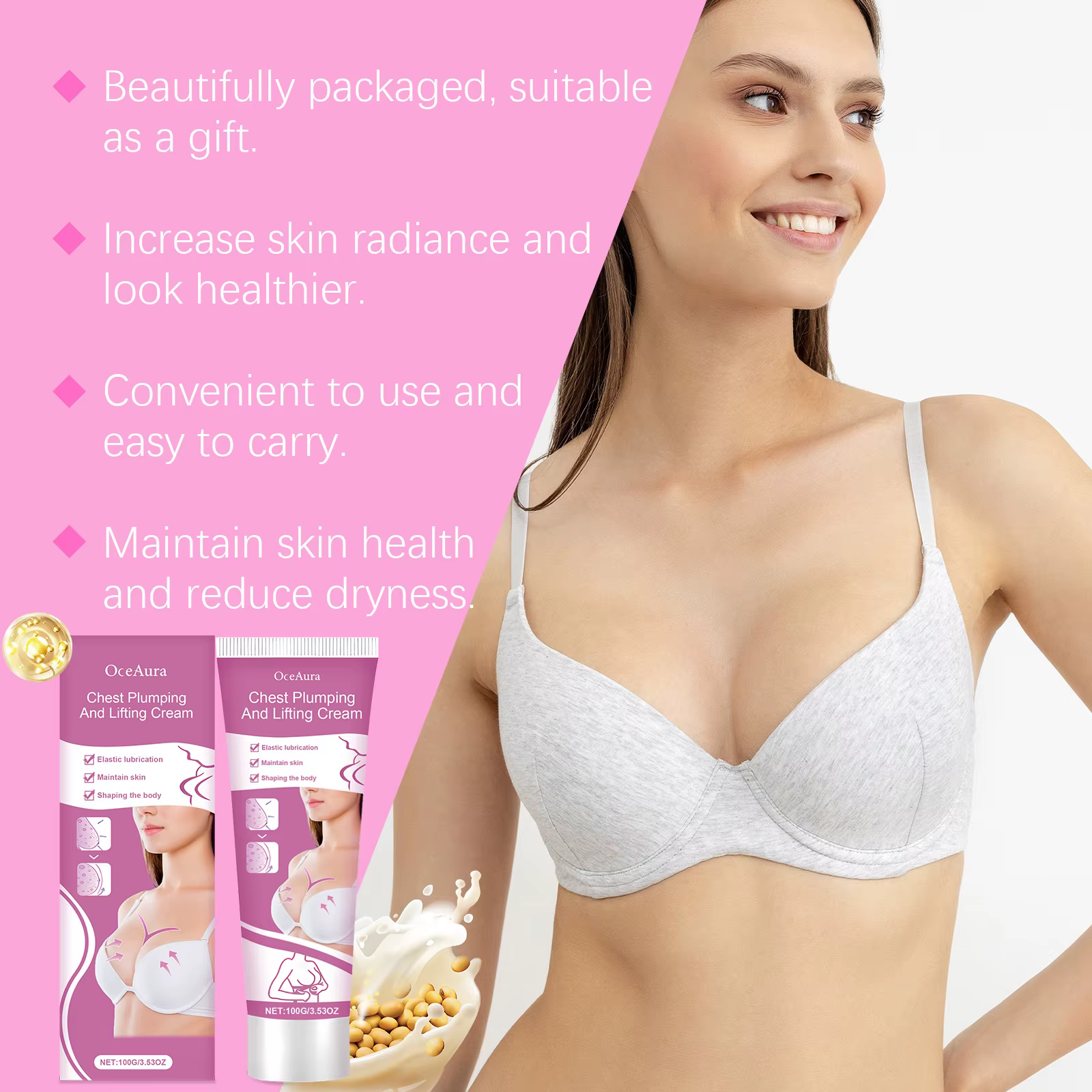 Crème Raffermissante et Volumatrice pour la Poitrine – Améliore les Seins Plats et Tombants – Soin et Massage