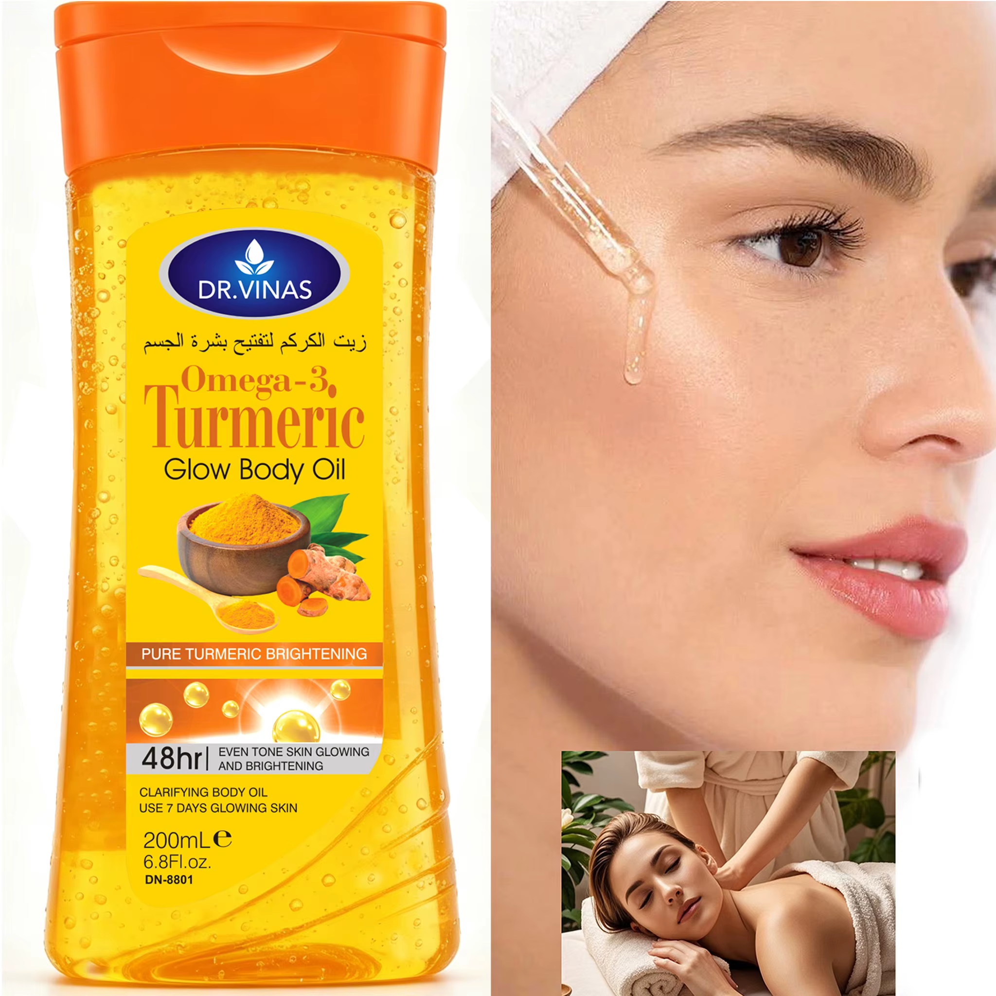 2 flacons de 200 ml d'huile corporelle éclaircissante au curcuma et oméga-3