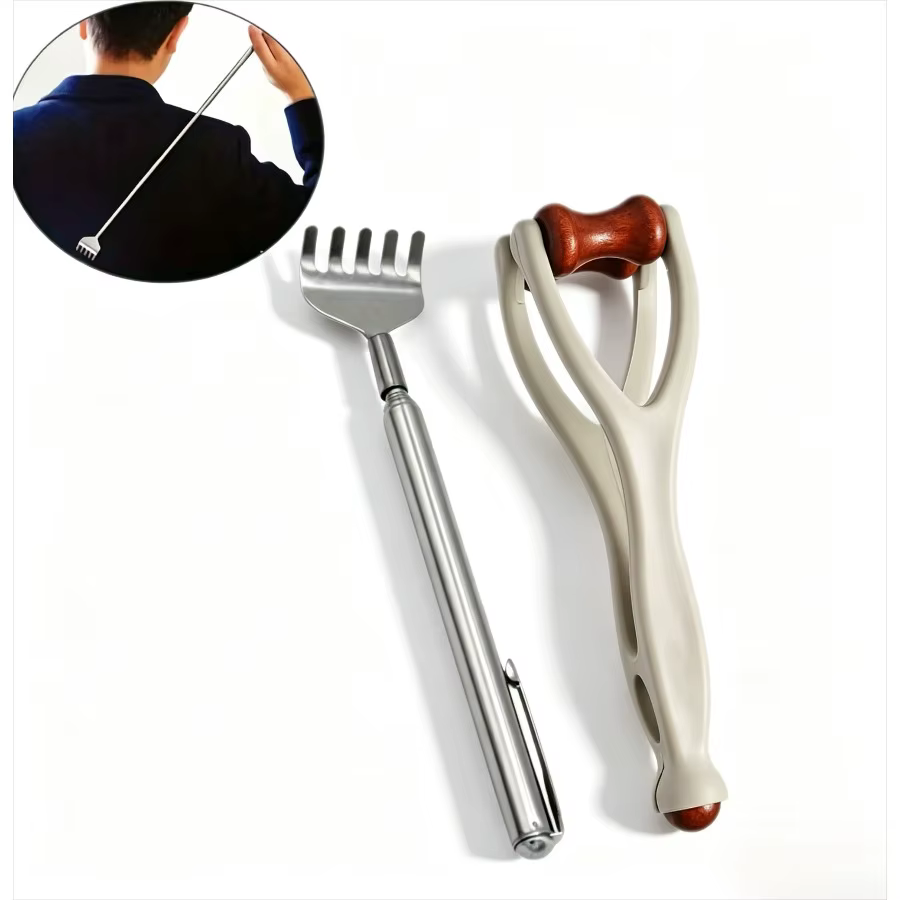 Ensemble gratte-dos et masseur de mains : Outil extensible pour le dos + rouleau à billes pour les doigts