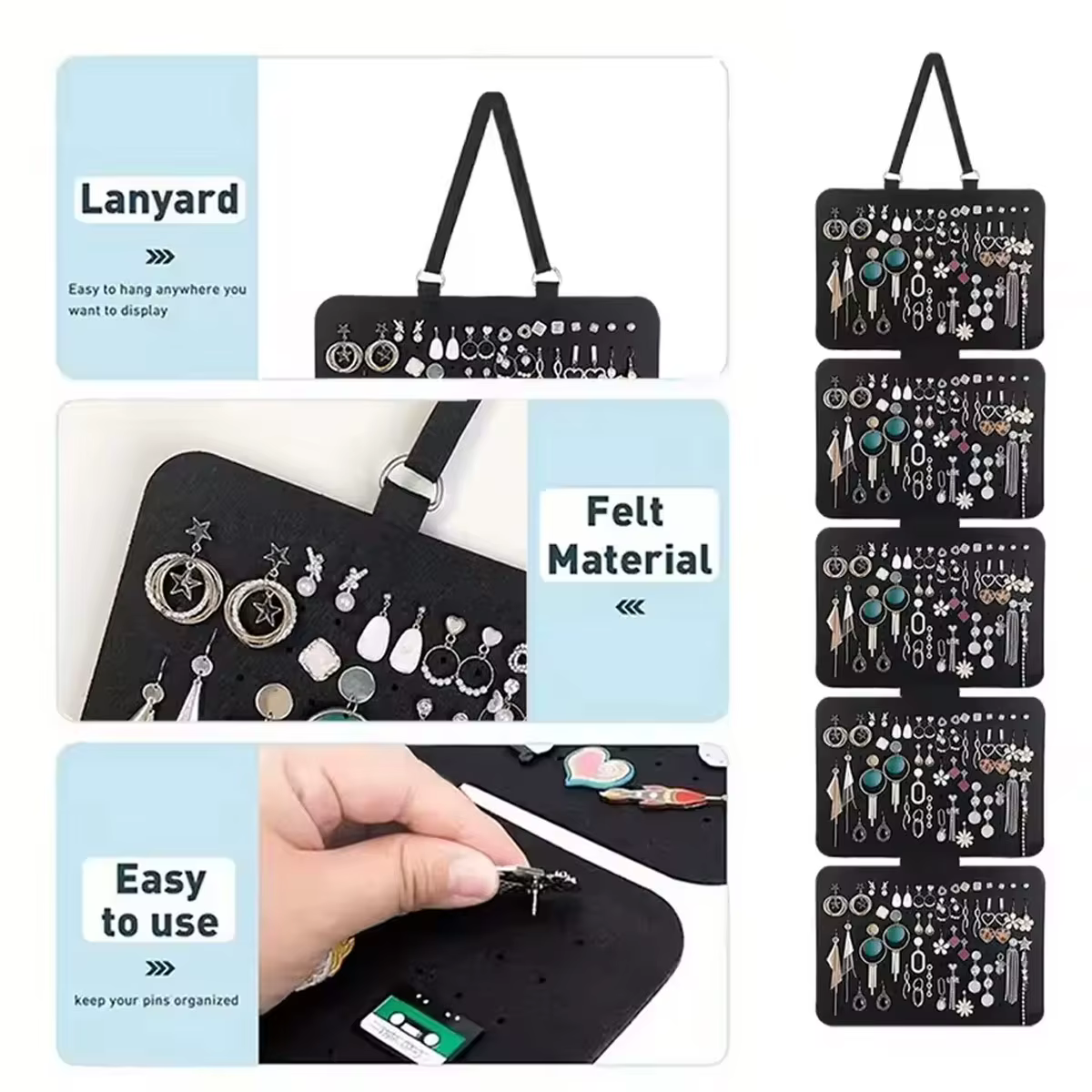 Sac suspendu pour rangement de bijoux à 5 couches, en feutre, pour boucles d'oreilles, broches, présentoir de badges, grande capacité, 1 pièce