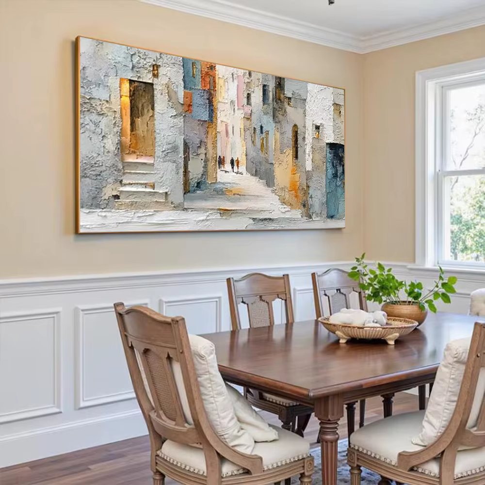 Peinture à l'huile abstraite 100% faite à la main sur toile, image de paysage du vieux quartier, art mural, décoration murale pour salon