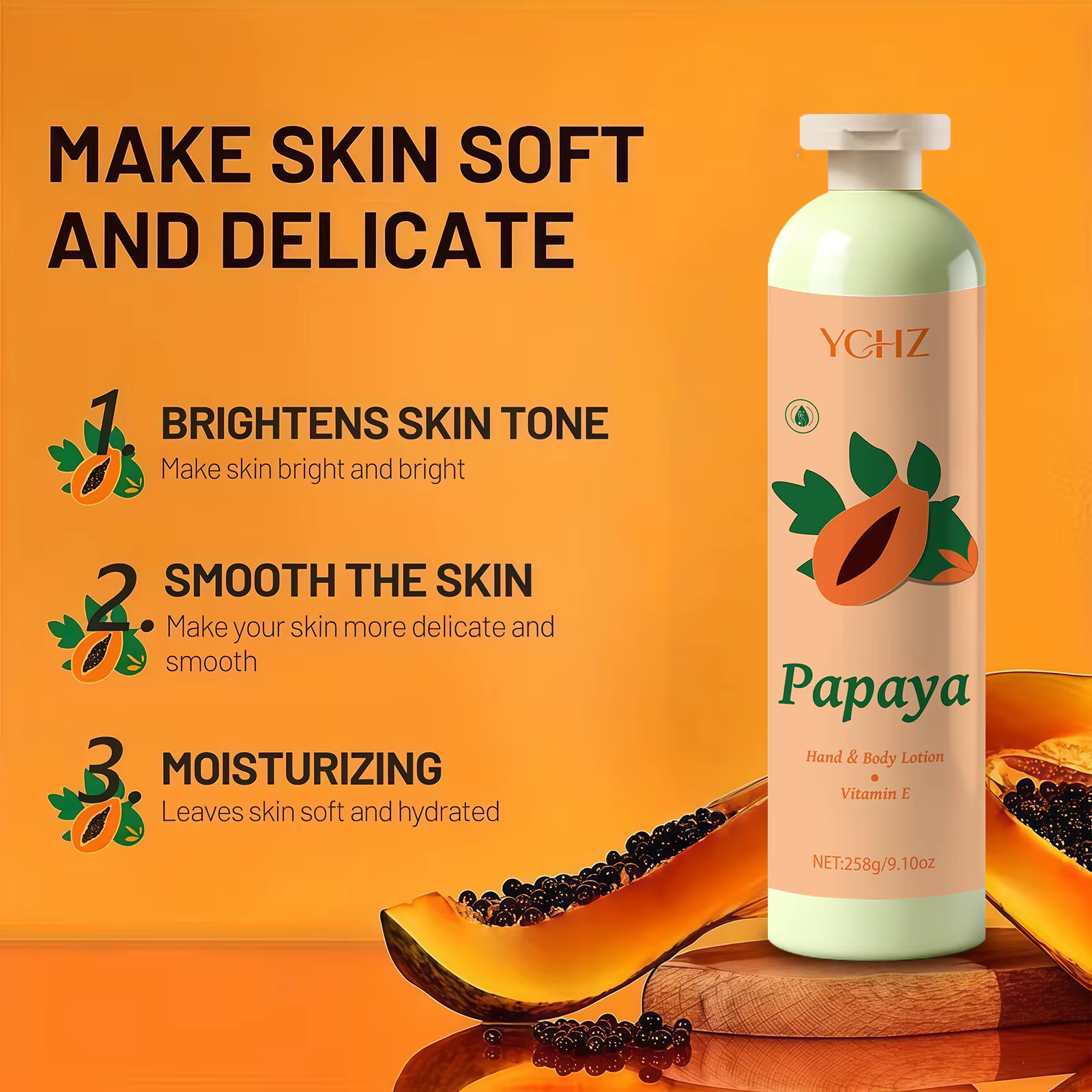 Lotion hydratante pour la peau à l'extrait de papaye et à la vitamine E