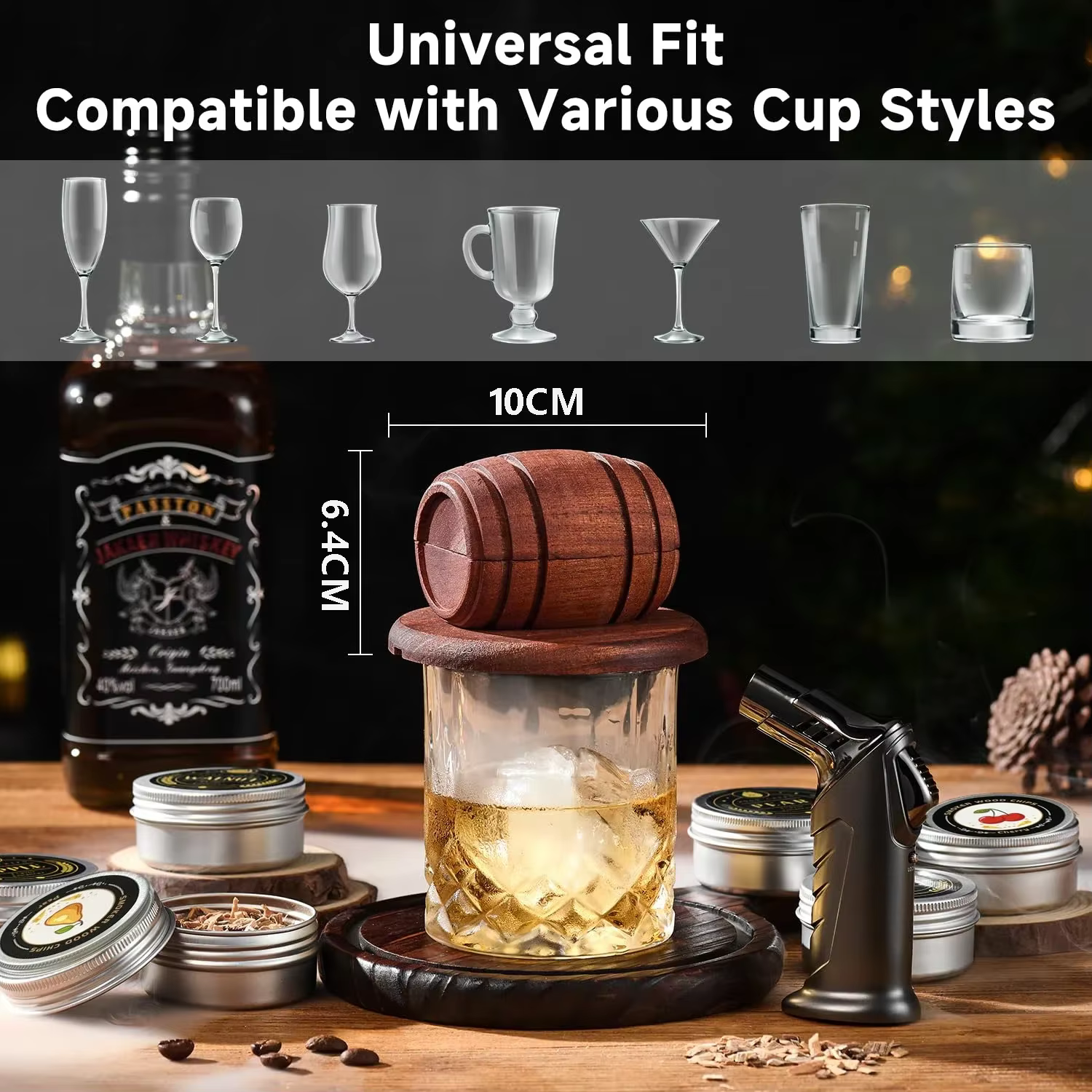 Kit de fumeur de whisky avec copeaux de bois-6 saveurs, infuseur de fumeur de boissons à l'ancienne pour cocktails, Bourbon d'anniversaire pour cadeaux