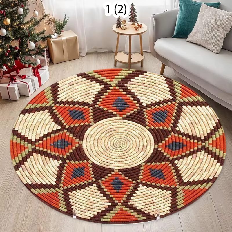 Tapis rond tissé à motif géométrique, style ethnique, antidérapant et durable, pour salon, chambre à coucher, tapis décoratifs pour espaces.
