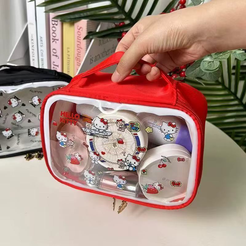Sac à main pour femme Hello Kitty, accessoire de dessin animé, sac de rangement pour cosmétiques, matériau PVC imperméable, grande capacité