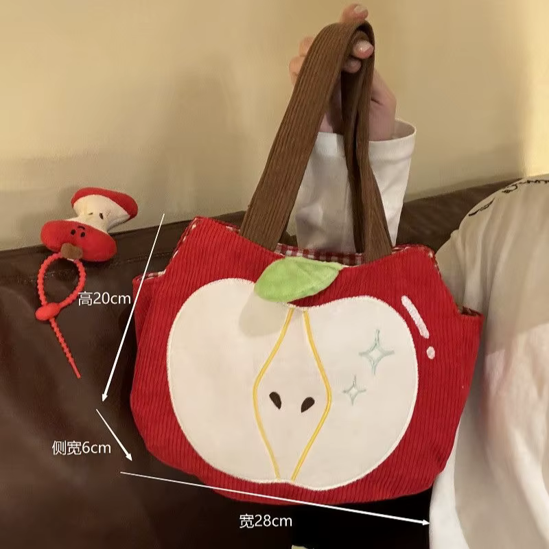 Sac à main pomme rouge créatif et mignon en velours côtelé, sac à bandoulière élégant en toile pour les sorties avec pendentif pomme, sac à bandoulière décontracté et polyvalent