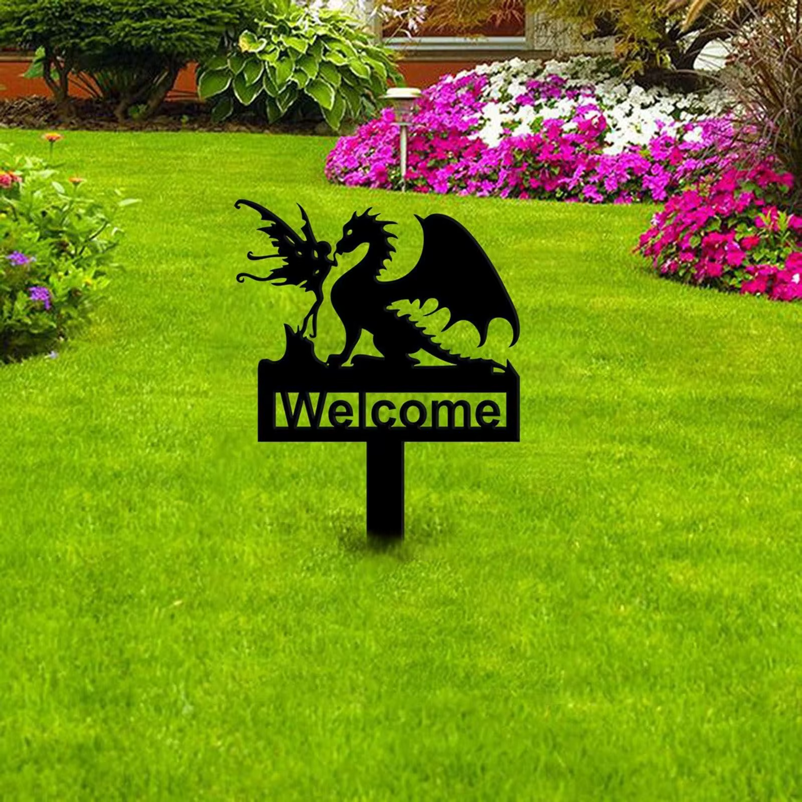 Logo de bienvenue de jardin de dinosaure d'elfe, logo de jardin de dinosaure en métal, décoration d'horticulture de pelouse