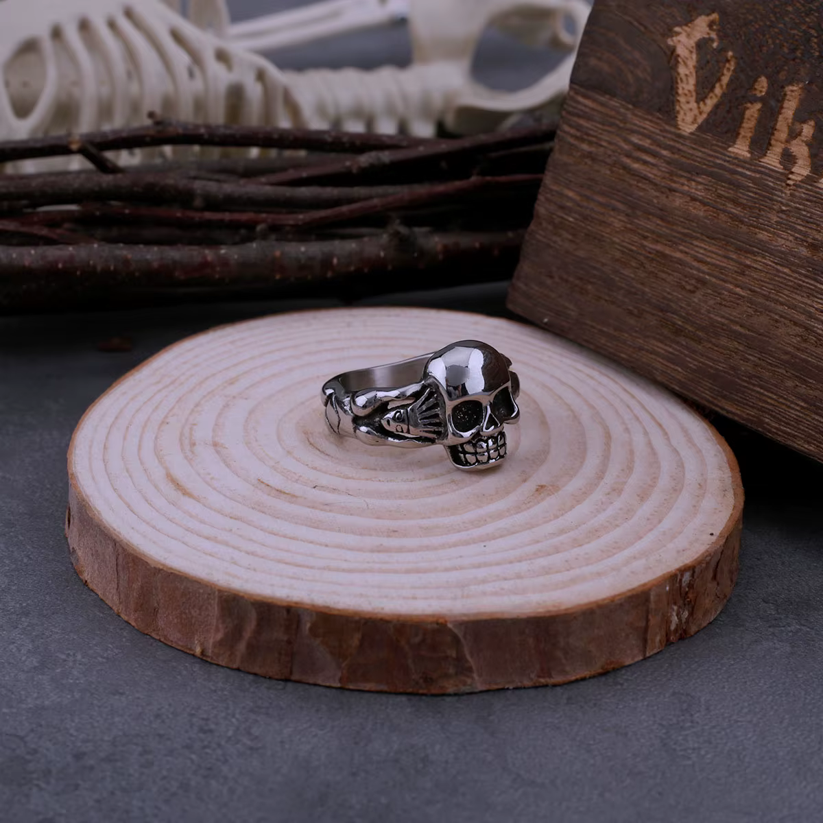 Bague gothique avec tête de mort pour hommes, rétro Rock Index, Hip Hop, Biker Street, bijoux simples, boîte en bois, cadeau