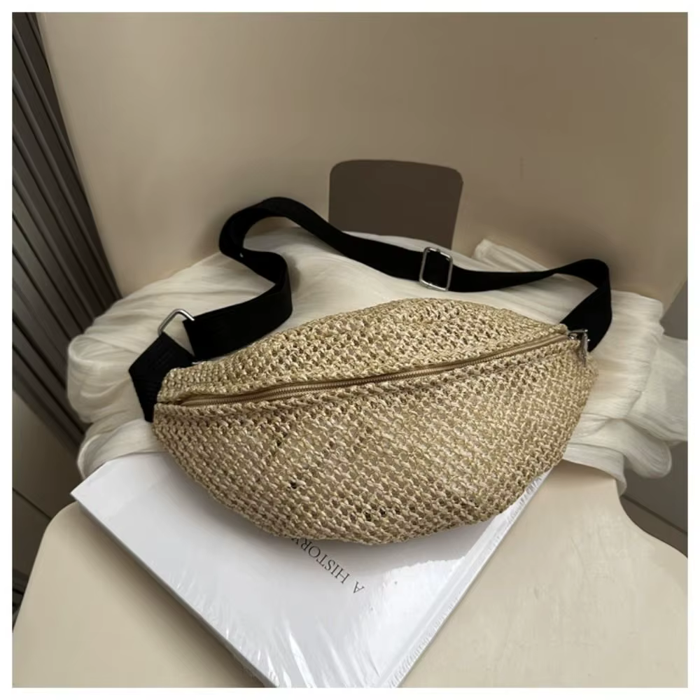 Sac demi-lune en paille tressée, pochette pour téléphone, sac à main tressé antivol, grande capacité, portable, réglable, pochette de sport pour la randonnée
