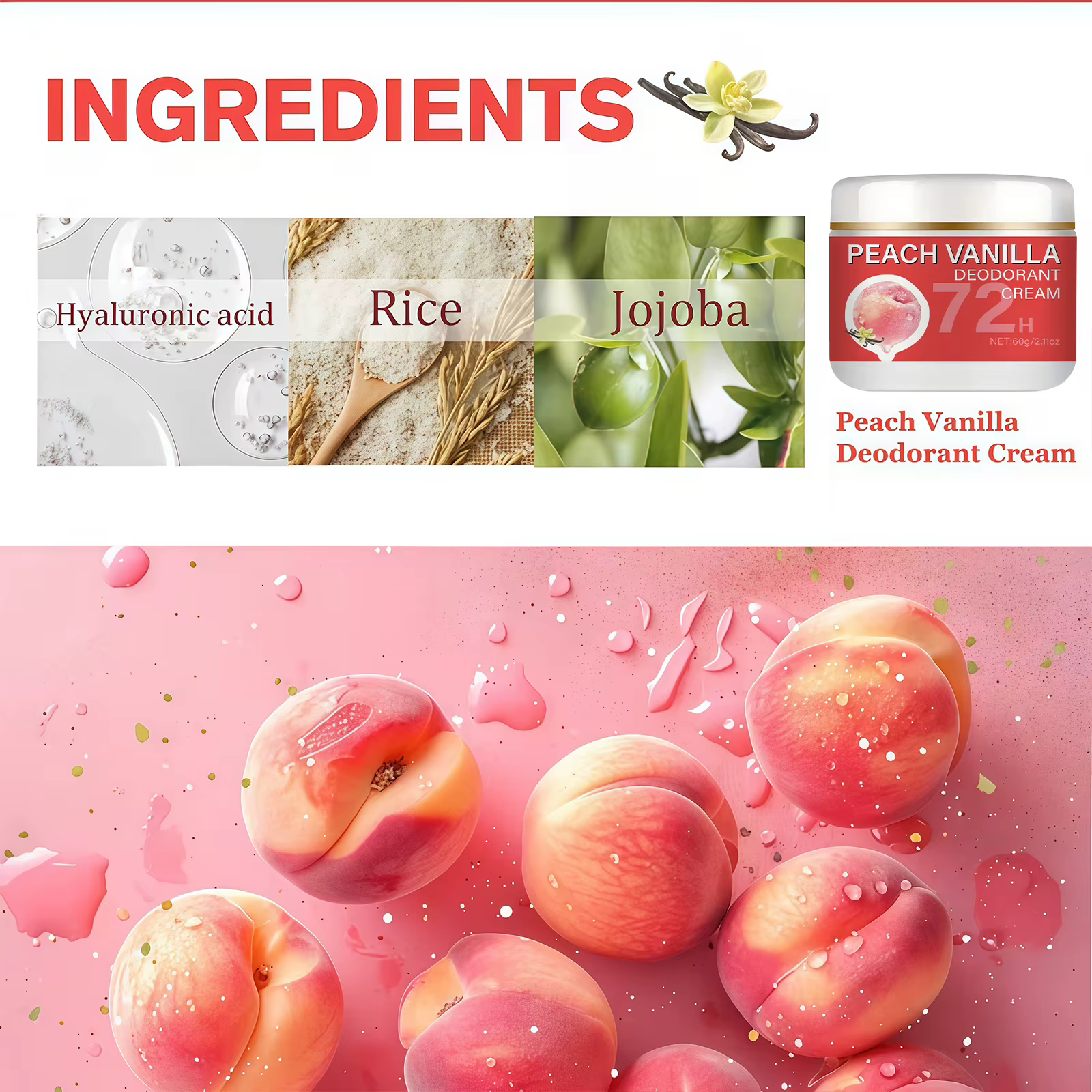 Crème déodorante pour les aisselles Peach - Fraîcheur longue durée 72 heures