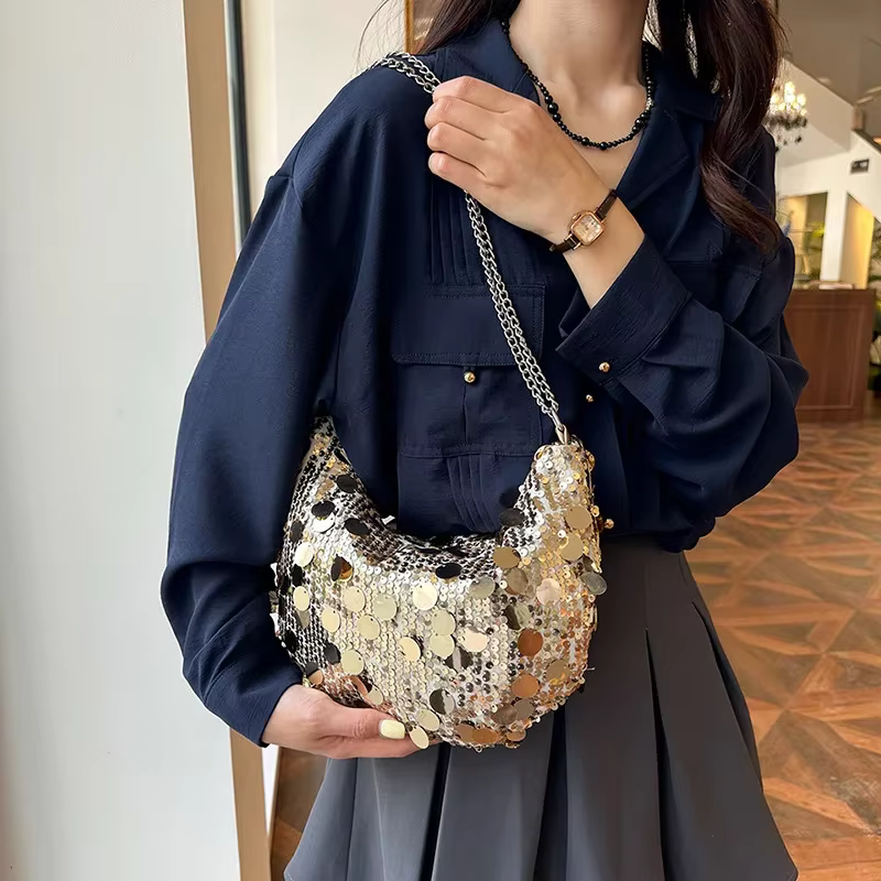 Sac à Main Demi-Lune Hobos à Paillettes pour Femme, Pochette de Soirée à la Mode