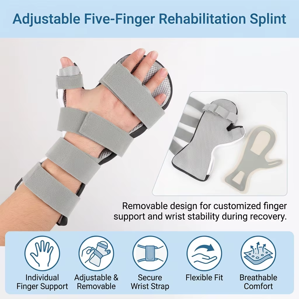 Attelle orthopédique à cinq doigts amovible avec sangle de soutien du poignet pour la rééducation et l'usage quotidien
