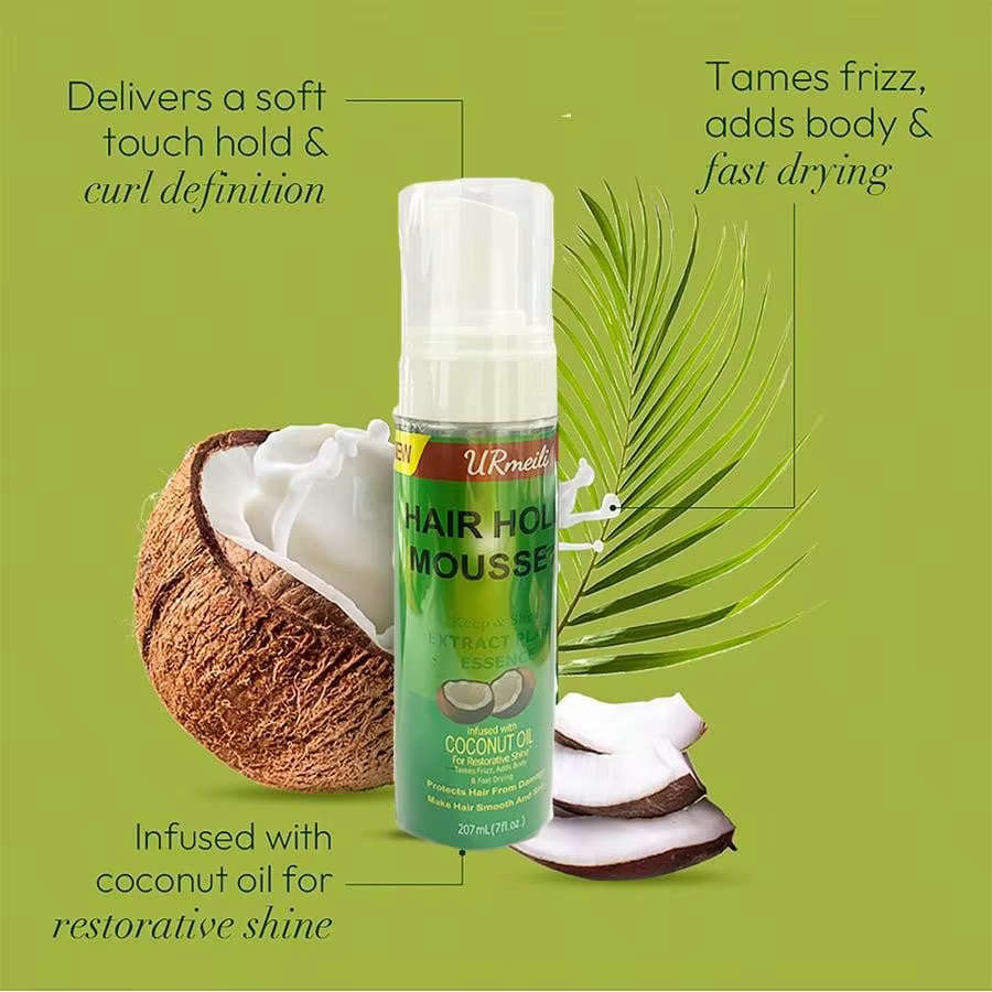 Mousse pour cheveux bouclés (207ml) pour perruques, huile d'olive à forte tenue, Mousse coiffante Anti-frisottis pour coiffer les cheveux des femmes