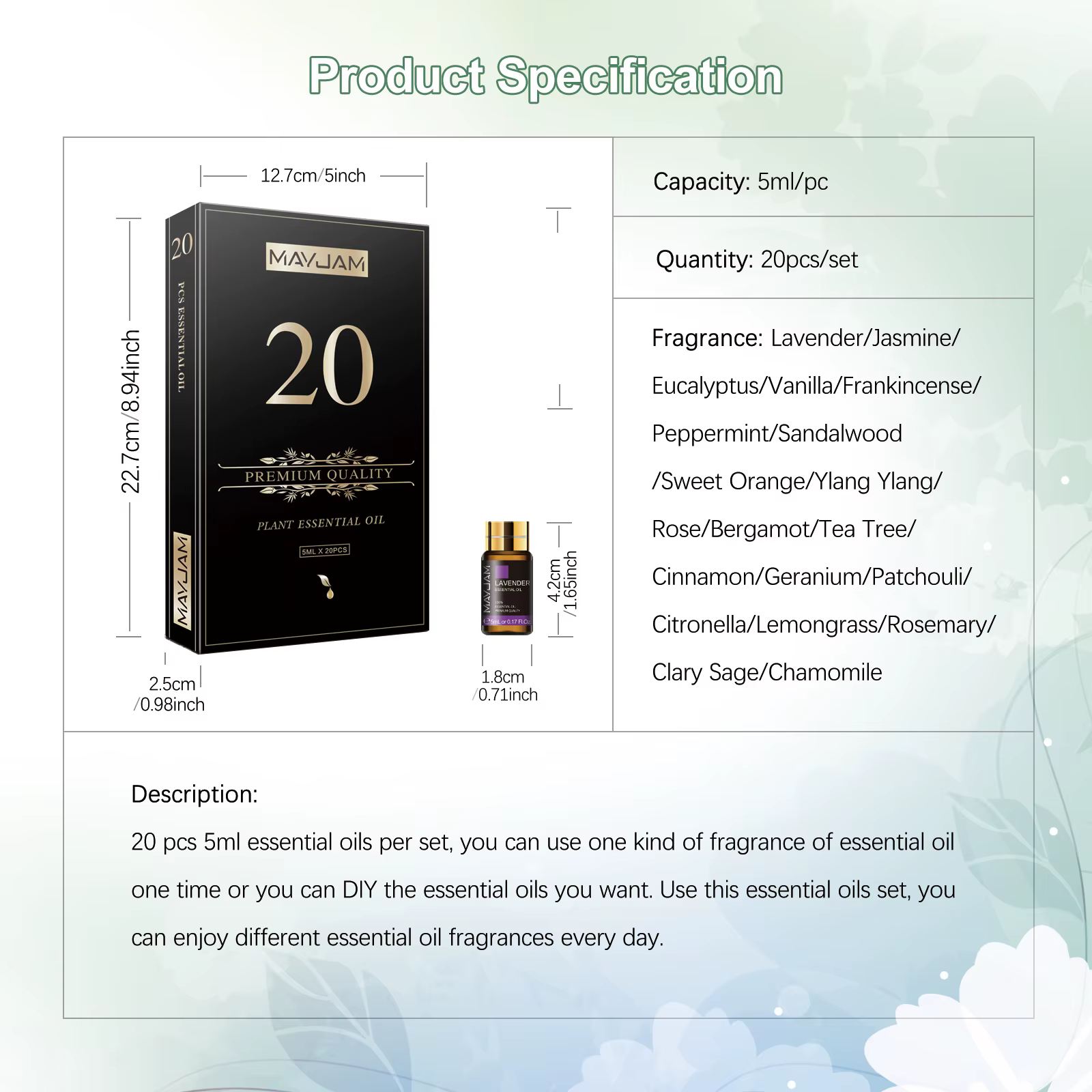 20 pièces Kits boîte-cadeau huile essentielle pour diffuseur pur naturel extrait de plante encens vanille citron menthe