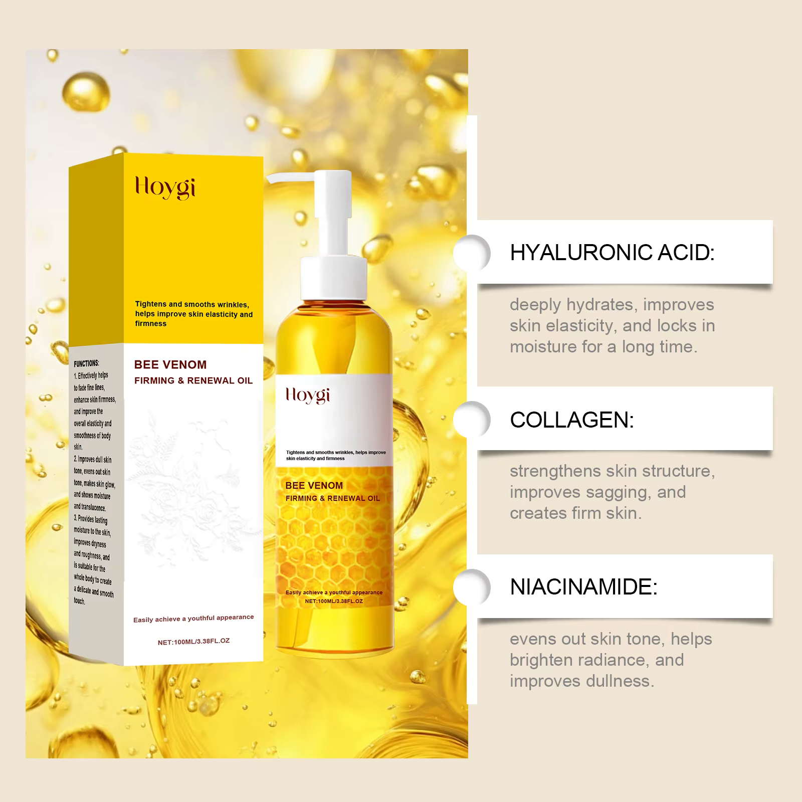 Hoygi Huile corporelle raffermissante au venin d'abeille avec stimulation du collagène 24 heures d'hydratation et absorption rapide pour la peau affaissement et les vergetures
