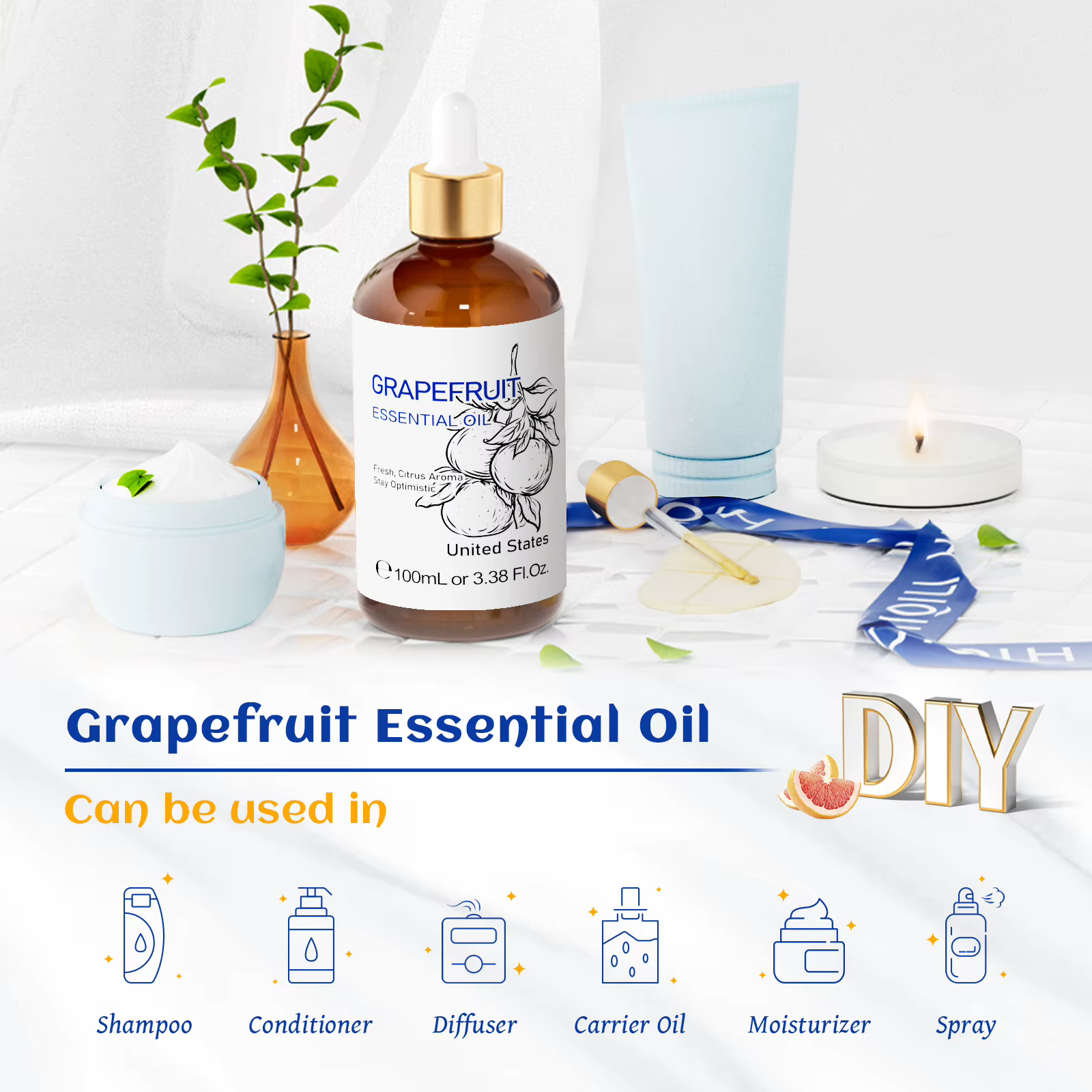  HIQILI 100% huile essentielle de pamplemousse Pure 100ml pour bricolage arômes humidificateur Massage visage peau Orange douce citronnelle 