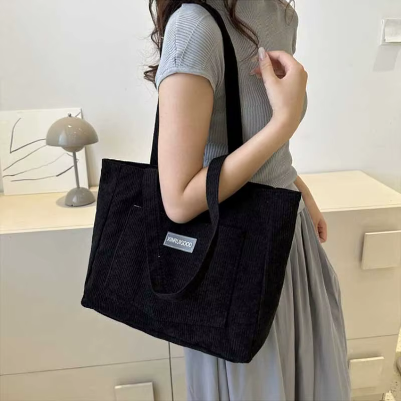Sac à bandoulière De grande capacité sac fourre-tout en velours côtelé tendance sac à main pour dames De couleur unie avec poche avant sac à main femme Bolsas De Mujer