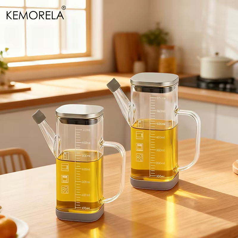 KEMORELA 1/2 pièces 700ml bouteille distributrice d'huile d'olive en verre avec marquages de mesure et verseur anti-goutte/fuite pour la cuisson des grillades