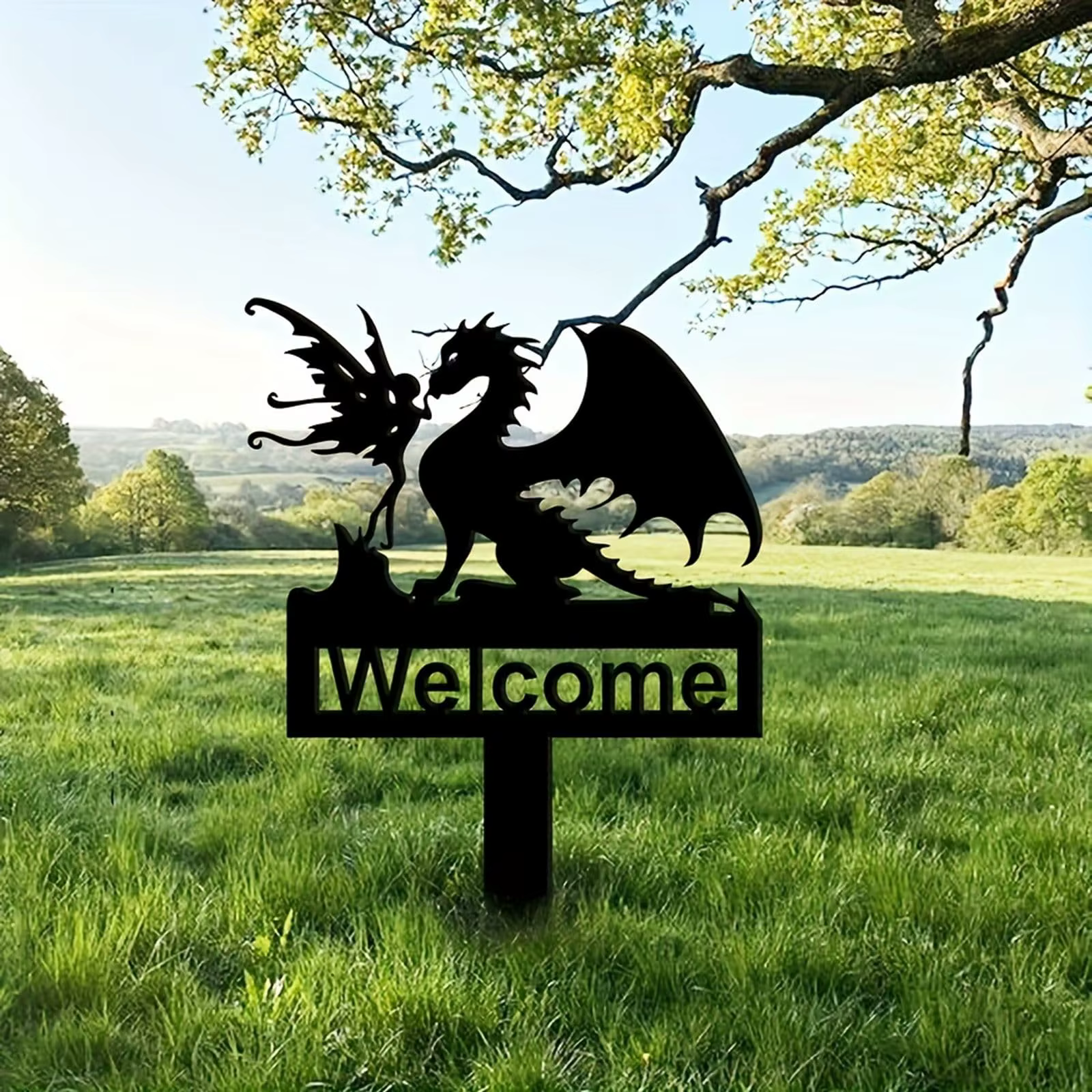 Logo de bienvenue de jardin de dinosaure d'elfe, logo de jardin de dinosaure en métal, décoration d'horticulture de pelouse