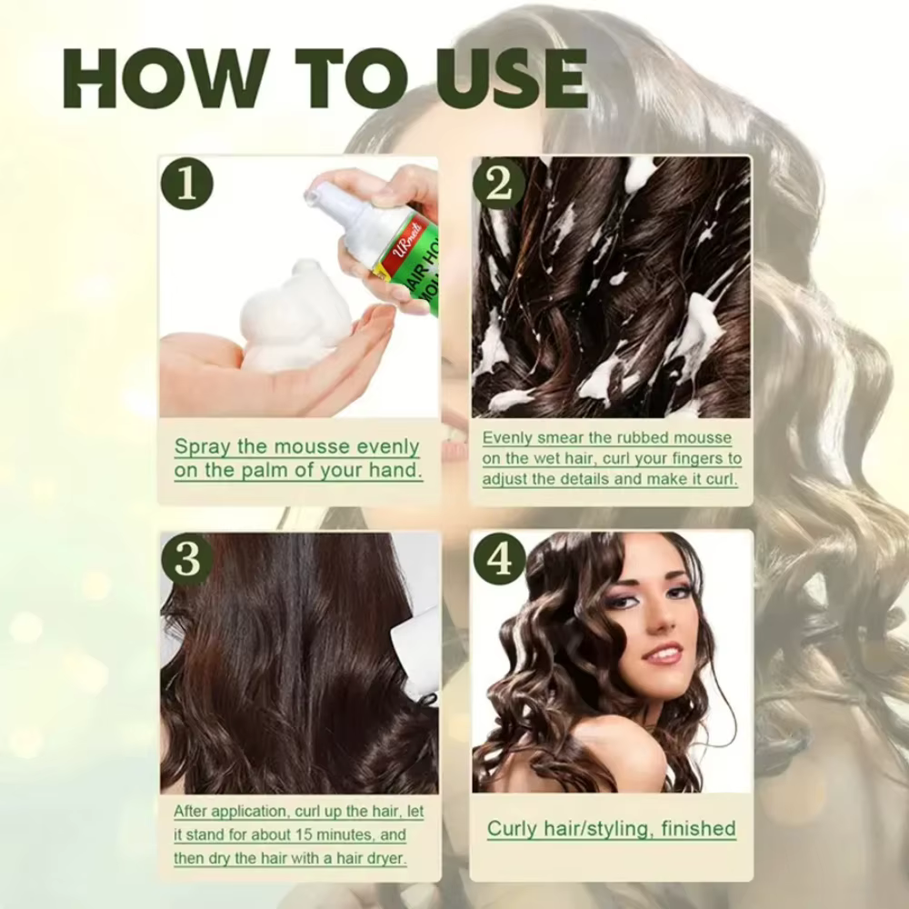 Mousse pour cheveux bouclés (207ml) pour perruques, huile d'olive à forte tenue, Mousse coiffante Anti-frisottis pour coiffer les cheveux des femmes
