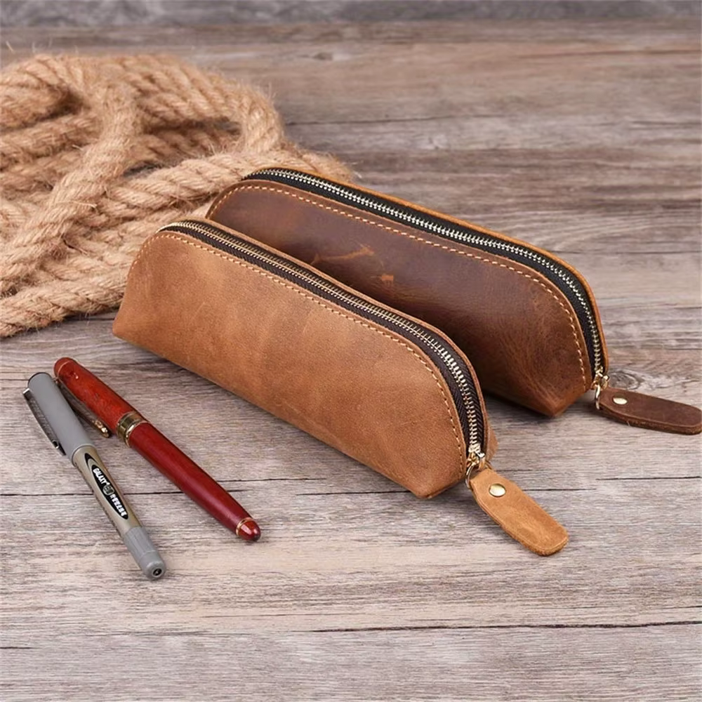 Sac à crayons en cuir Vintage, trousse de papeterie Simple, sac de rangement, pochette à crayons à fermeture éclair, boîte à lunettes, fournitures scolaires