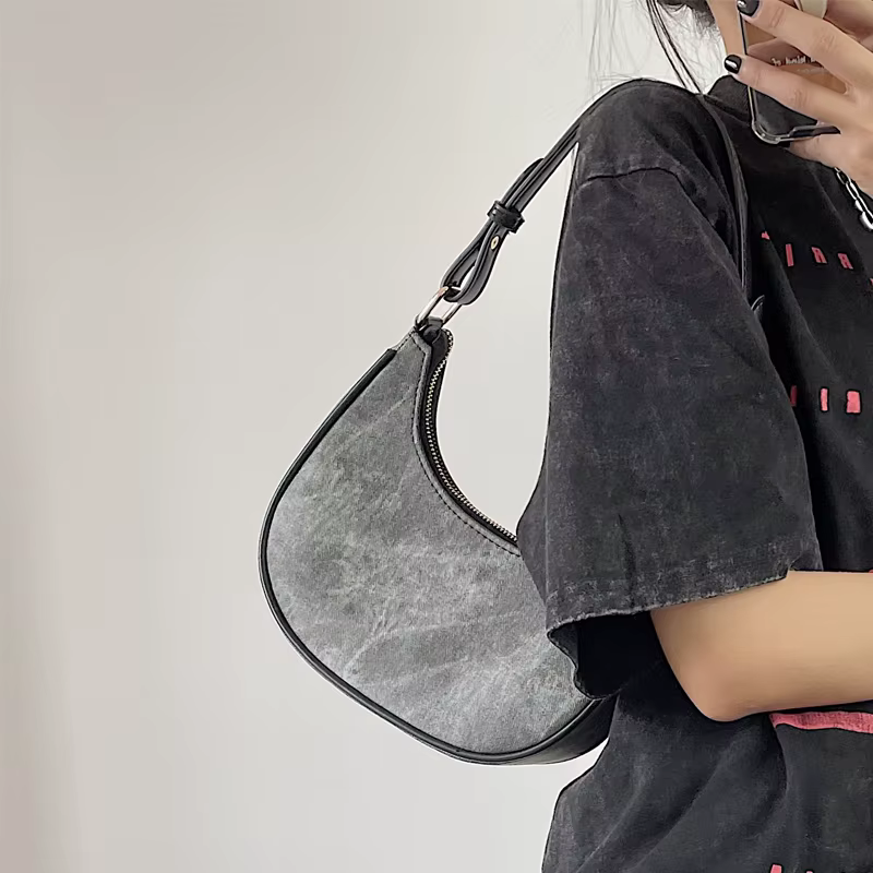 Sac à main en cuir PU gris pour femme, sacs sous les bras demi-lune décontractés, sac hobos initié, sac à bandoulière tout match, sac à main pour femme