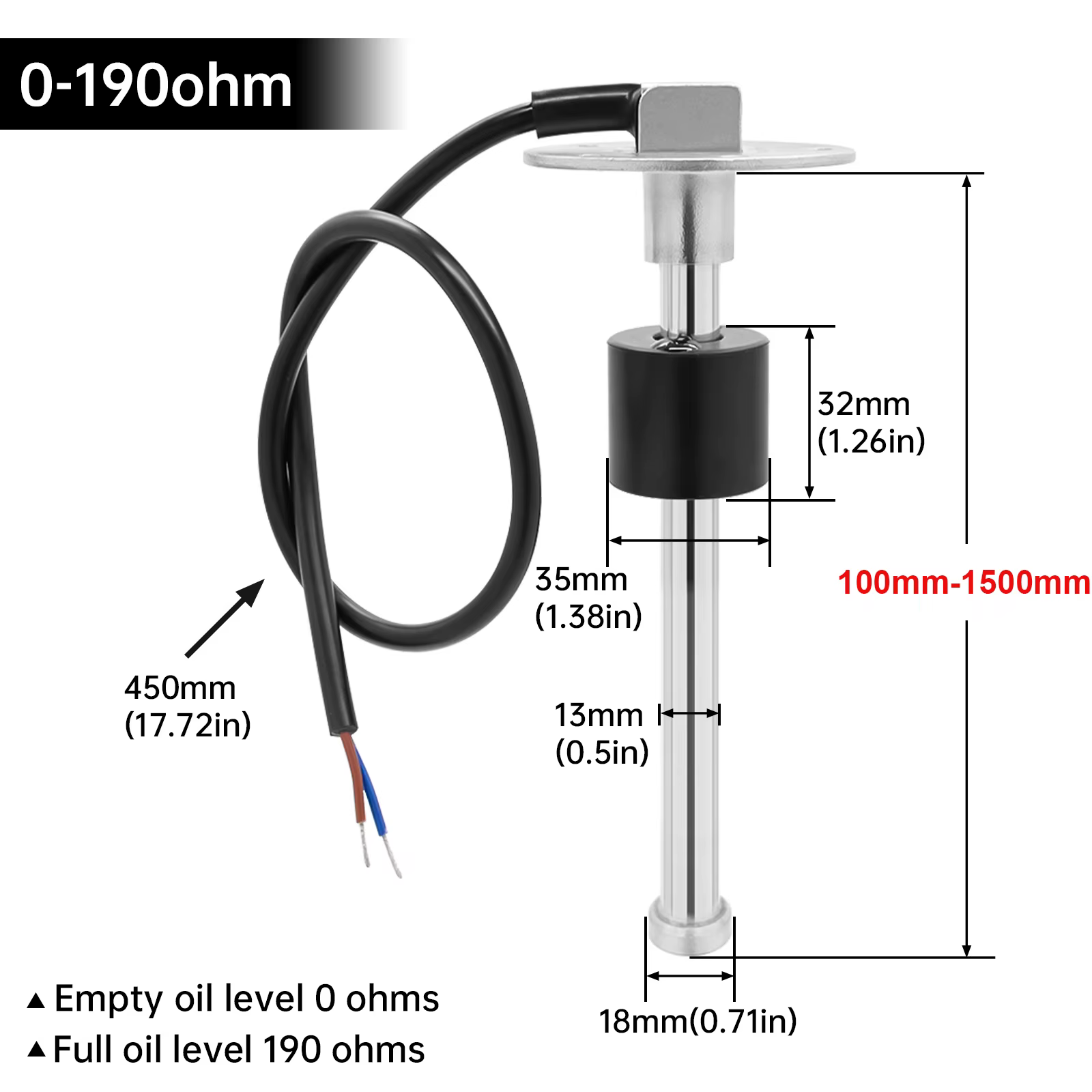 Jauge de niveau d'eau avec capteur de niveau d'eau 52mm, avec rétro-éclairage 7 couleurs, 100-550mm 0-190Ohm, capteur pour réservoir d'huile