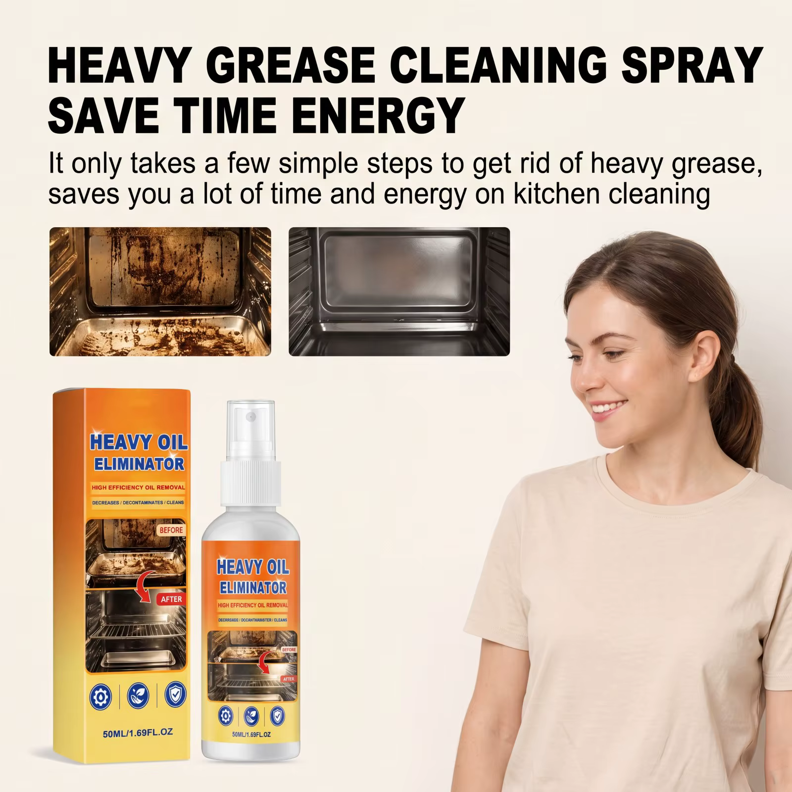 Spray Nettoyant Dégraissant Puissant pour Cuisine - Éliminateur d'Huile Tenace pour Four, Hotte et Cuisinière - Dégraissant Multi-Surfaces à Action Rapide 50ml