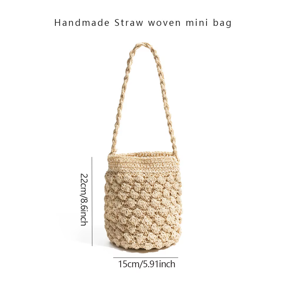 Sac tissé à la main en paille pour femmes – Mini sac tissé en herbe fait à la main, sacs à main à cordon en forme de seau