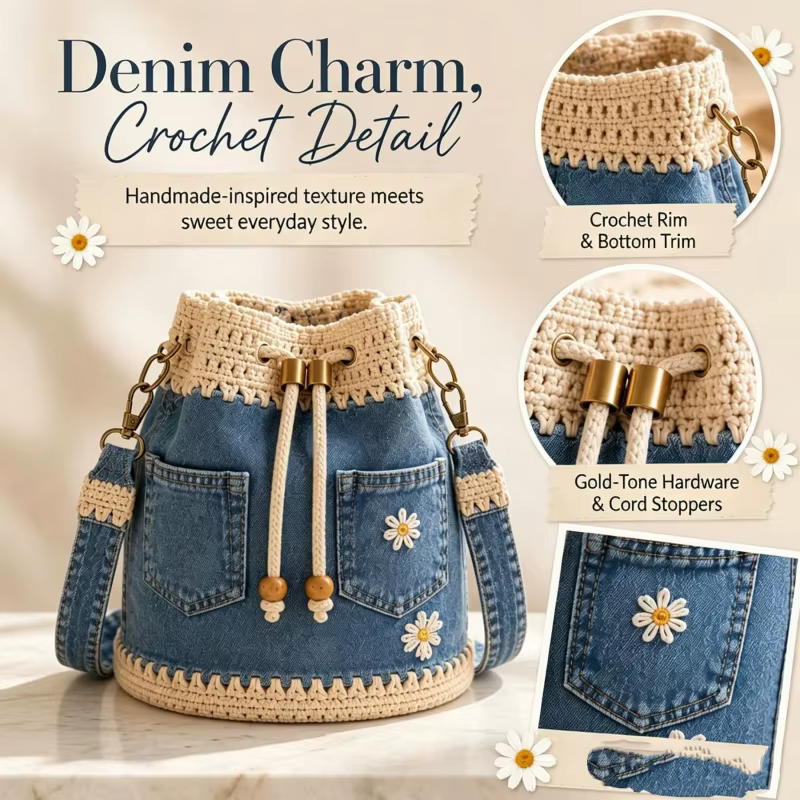 Sac seau en jean au crochet, sac fourre-tout à fleurs au crochet fait main, sac bandoulière à cordon, sac à main tricoté à motifs floraux, sac à bandoulière pour femme pour les vacances