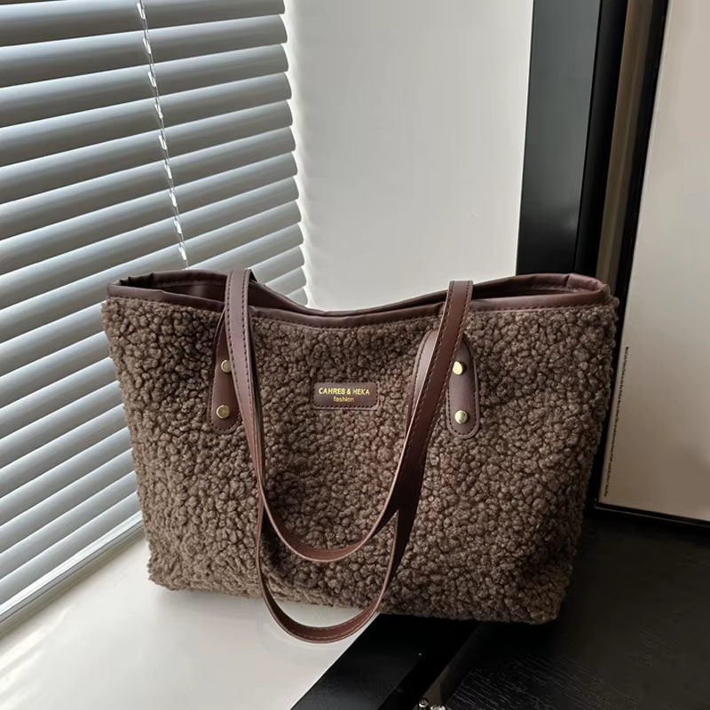 Sac à main souple grande capacité automne hiver sac à bandoulière femmes laine d'agneau sac fourre-tout fermeture à glissière décontracté Shopping voyage fourre-tout