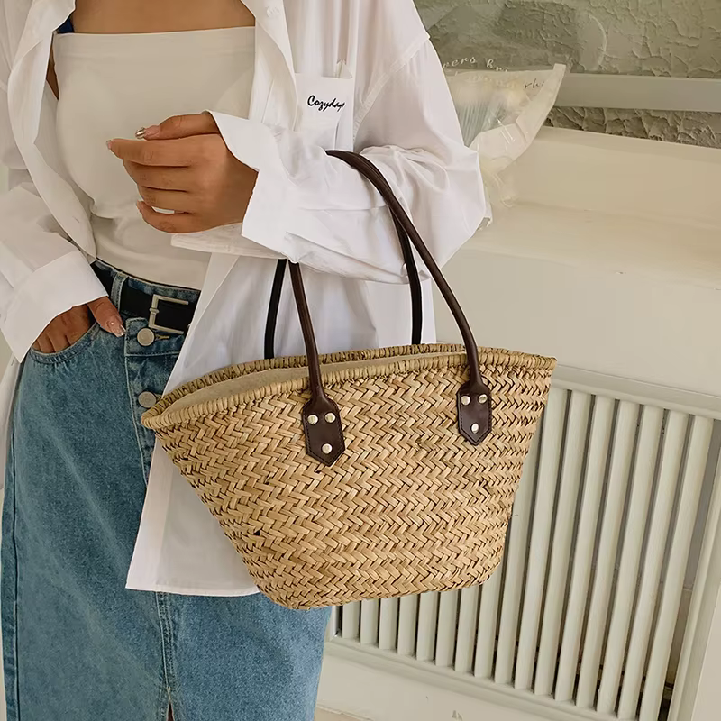 Sac à bandoulière fait à la main pour femmes, sacs à main de grande capacité, sac de plage en paille bohème d'été, panier de shopping, fourre-tout tissé
