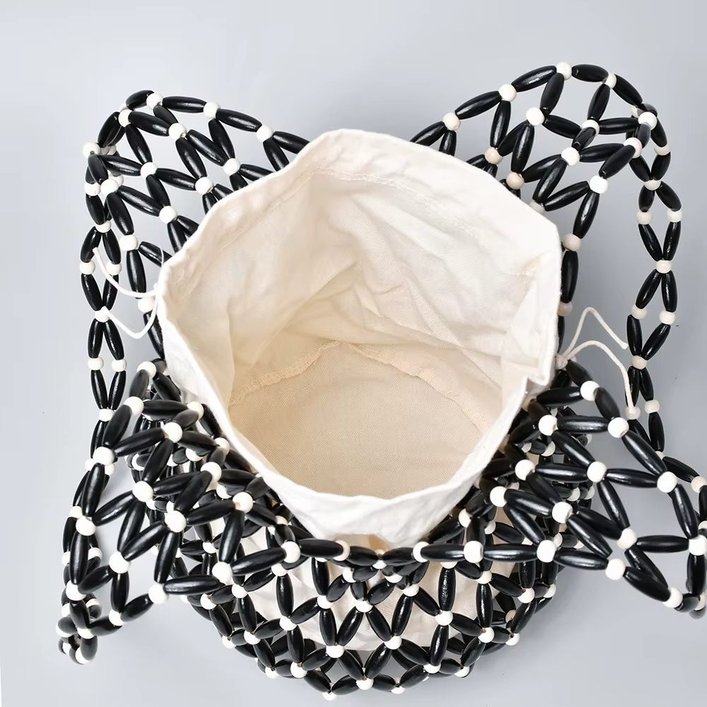 Sac à main tissé pour femmes, Design exquis, fourre-tout en perles de bois ajourées, sac seau à bandoulière, sac à main perlé fait à la main