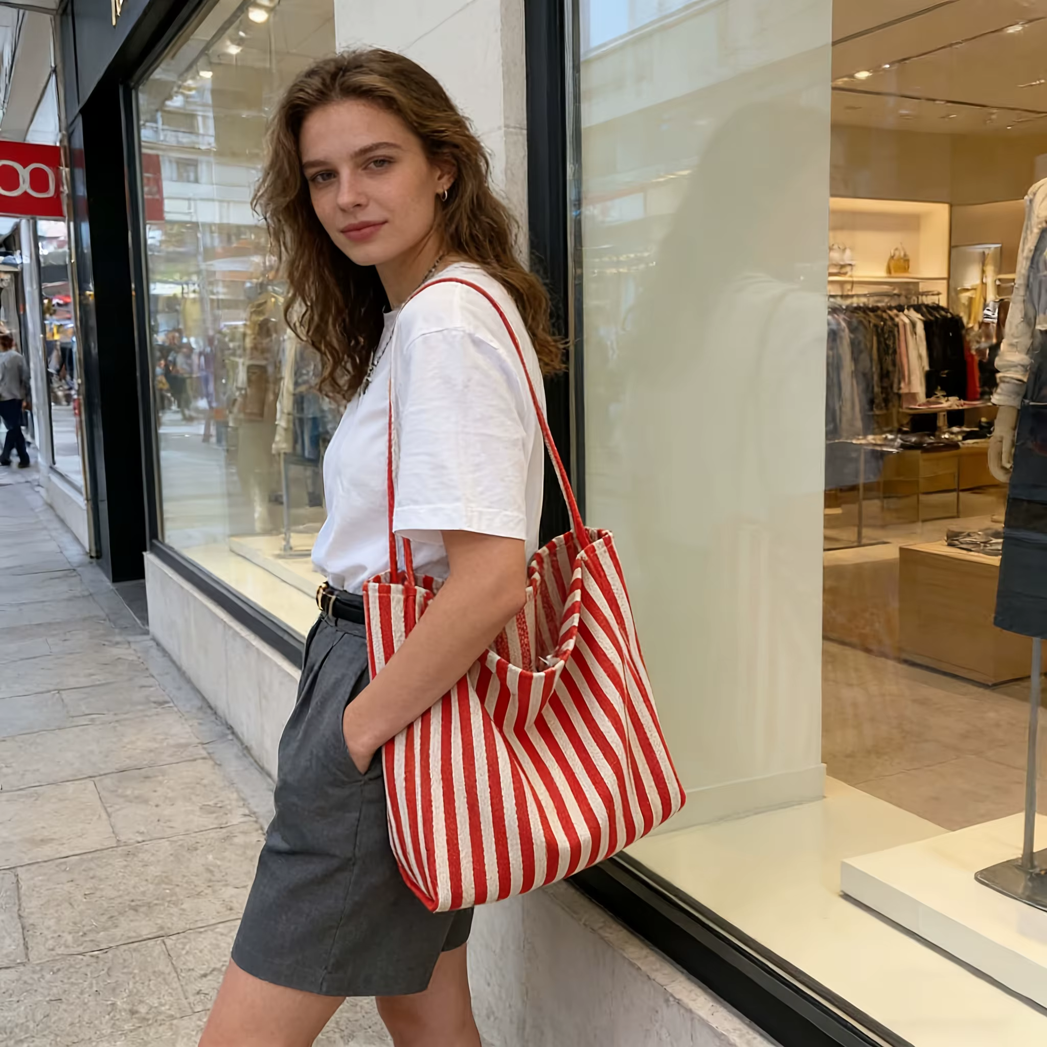 Sac fourre-tout chic en toile rayée, grande capacité, polyvalent, portable, léger, sac à bandoulière pour l'école, le travail, les voyages, pour femmes
