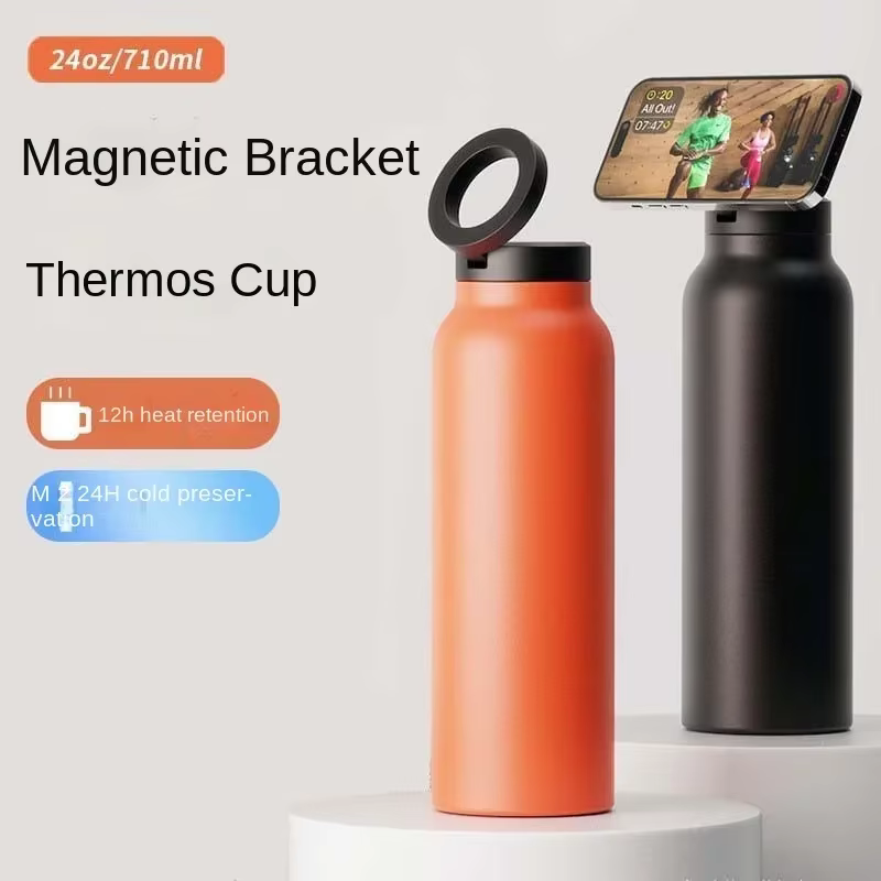 Bouteille d'eau sportive isolée pour hydratation quotidienne avec support magnétique pour téléphone portable pour la salle de sport et les activités de plein air