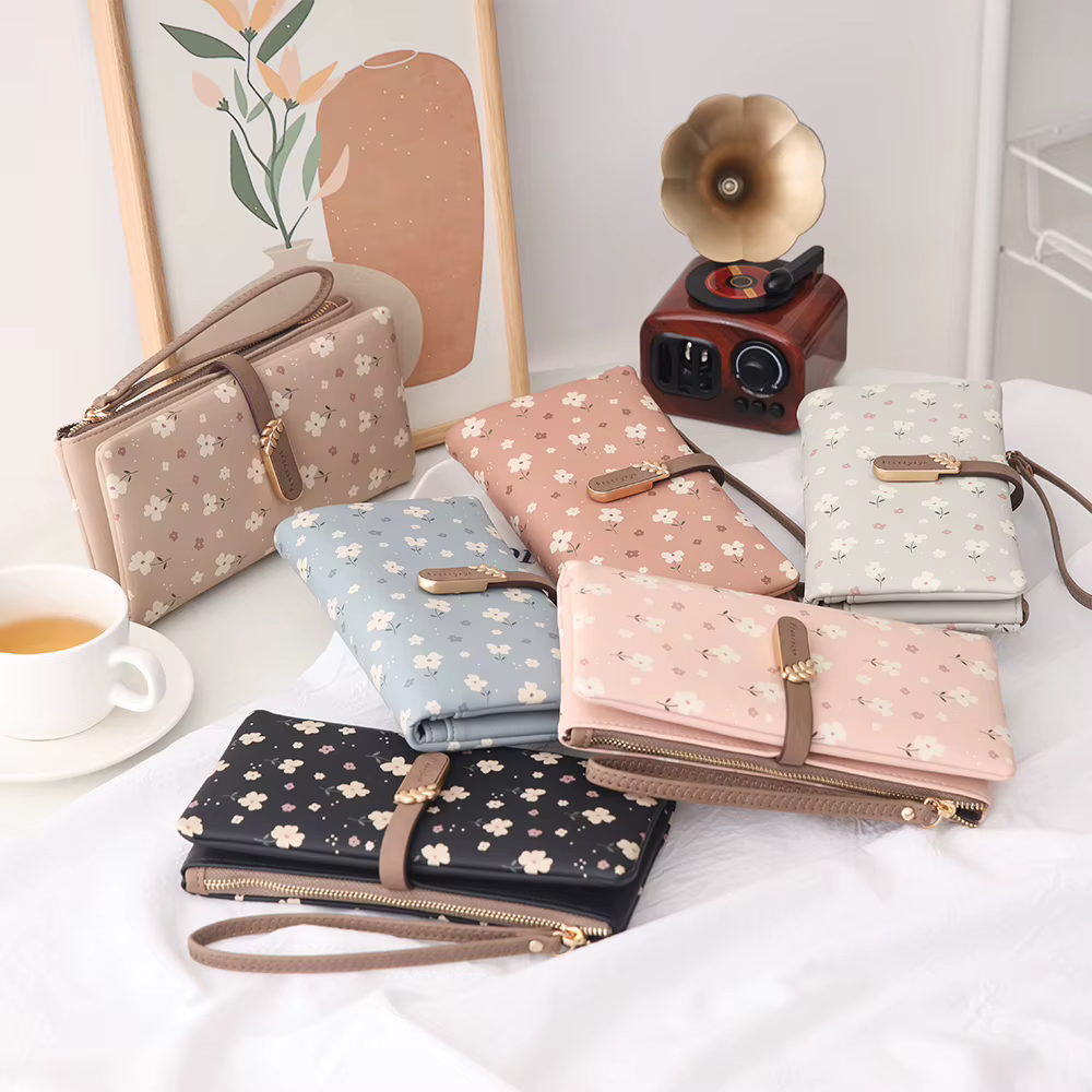 Sac à main long pour femme, nouvelle collection printemps/été 2024, style coréen, en PU imprimé, avec fermeture éclair et boucle, pliable, multifonction, peut servir de portefeuille long ou de pochett