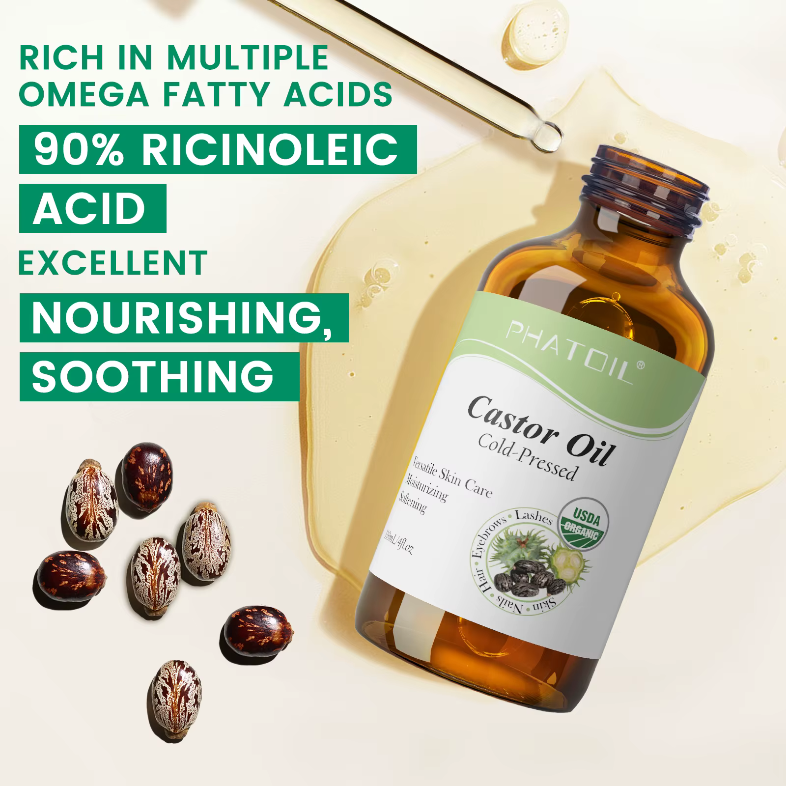 PHATOIL Huile de ricin biologique pressée à froid 118 ml/236 ml 100% naturelle Huiles