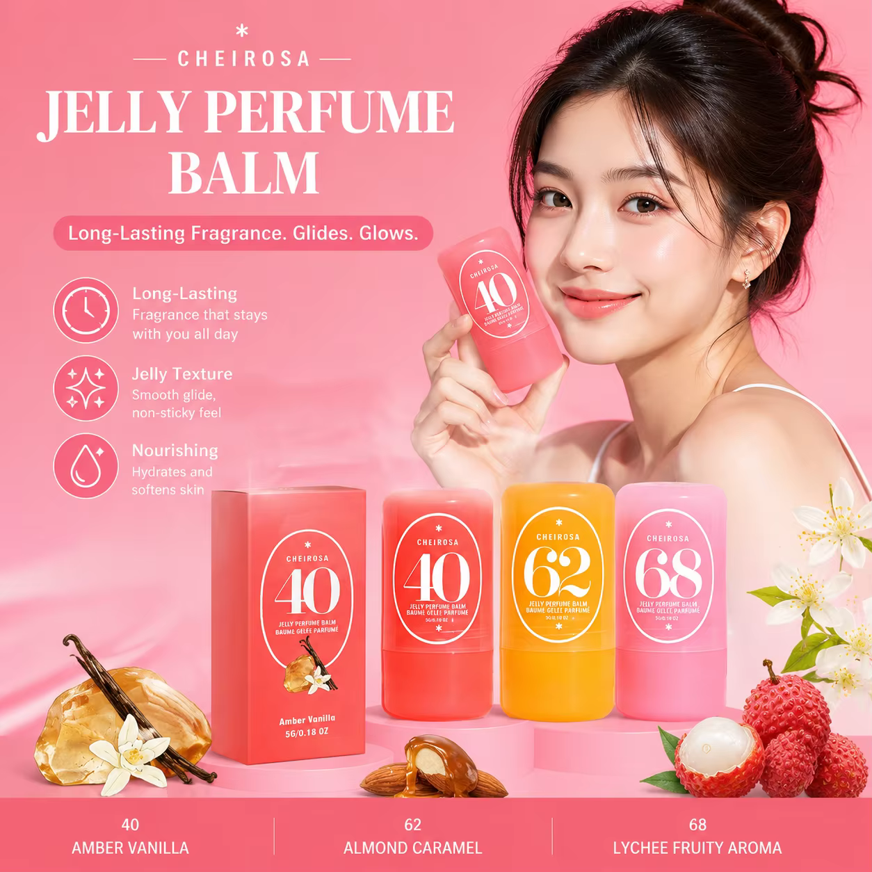 Baume Parfumé Solide Jelly 3 Senteurs 40 Ambre Vanille 62 Amande Caramel 68 Litchi Fruité Longue Durée Portable