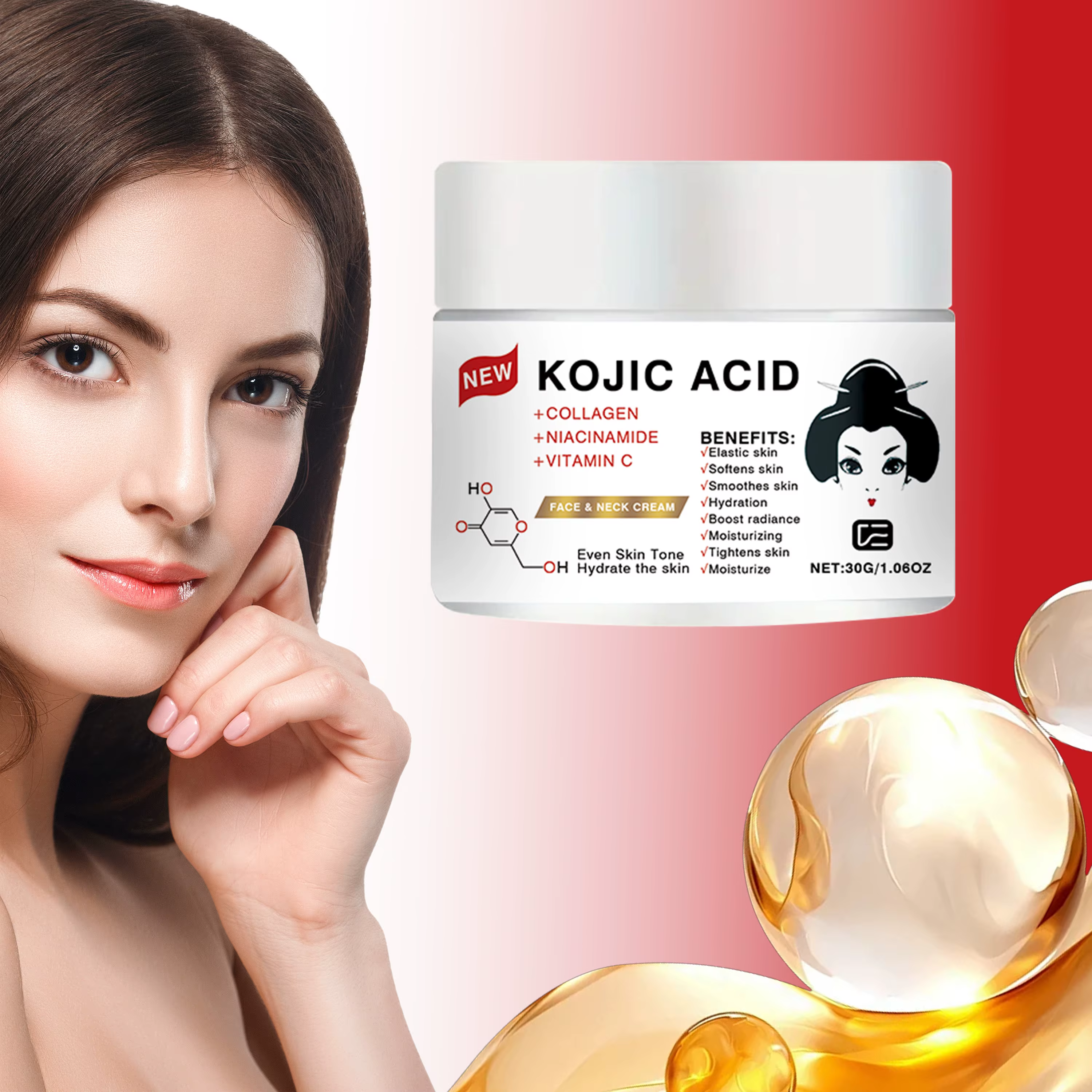 Crème pour le visage et le cou à l'acide kojique - Hydratante