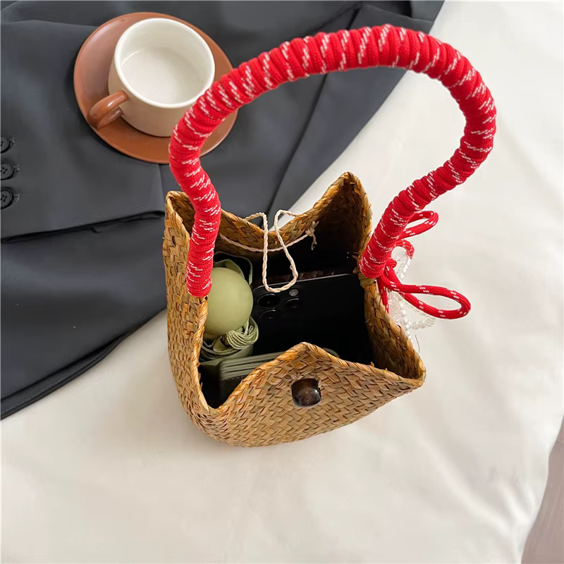 Sac tissé en paille fait à la main pour fille, panier d'été tissé à la mode pour voyage, sac pour téléphone portable