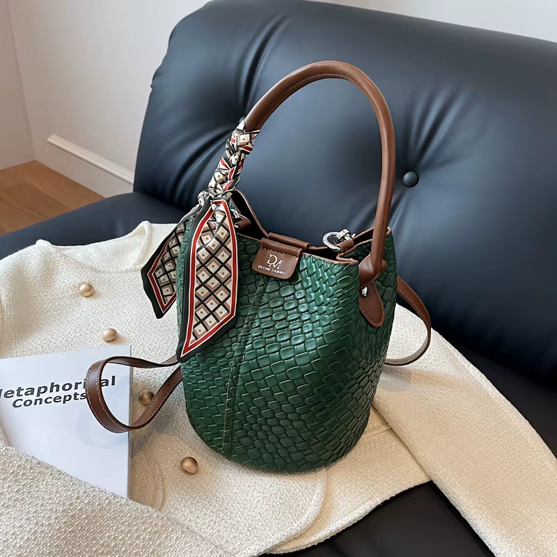 Sac seau tendance pour femme, sac à main élégant de couleur unie à effet tissé, sac à bandoulière et sac porté croisé, peut être porté à la main