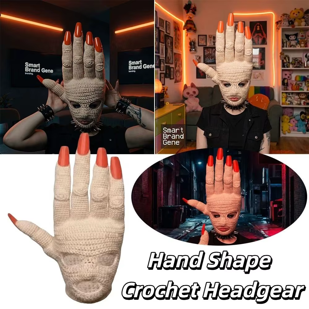 Couvre-tête en crochet en forme de paume, fait main, design amusant, accessoire de farce, chapeau créatif abstrait, nouveauté, masque facial en crochet