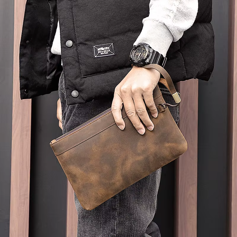 Sac à main Vintage RFID, brosse antivol, sac à main en peau de cheval fou, pochette pour hommes, sac de fichiers d'affaires en cuir de vache