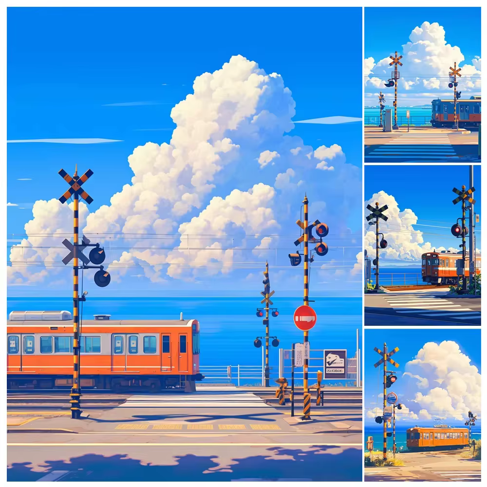 Peinture à l'huile par numéros, paysage de train sur fond bleu sur toile, décoration pour la maison, salon, chambre à coucher, cadeau fait main