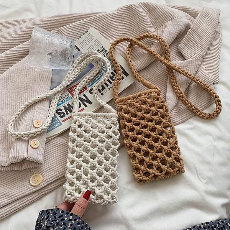 Sac bandoulière léger en crochet tressé ajouré de couleur unie pour femme, petit sac à main pour téléphone portable