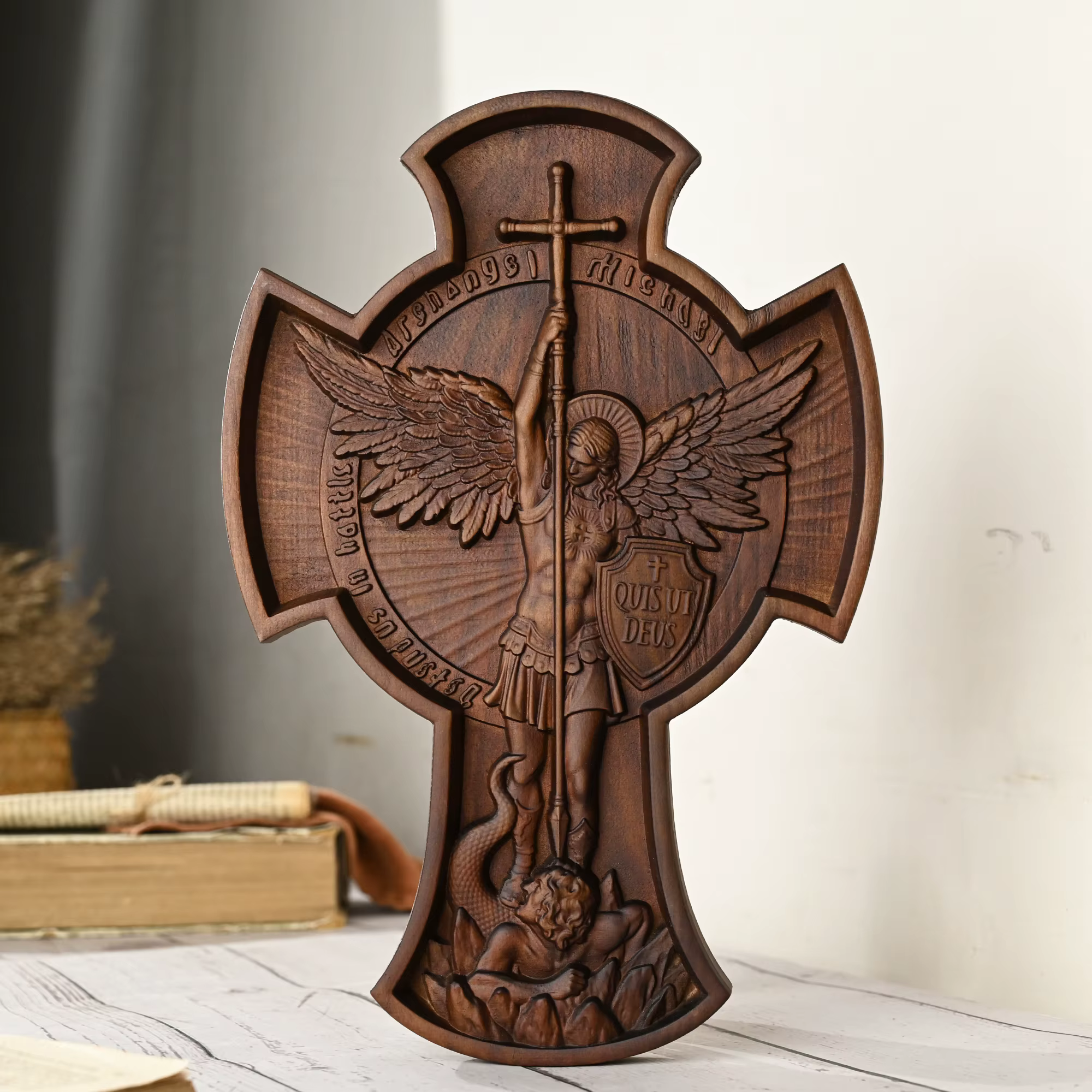 Saint Michel Archange Croix Statue Saint Patron, Figure Religieuse, Décoration Murale Maison, Cadeau Chrétien En Bois