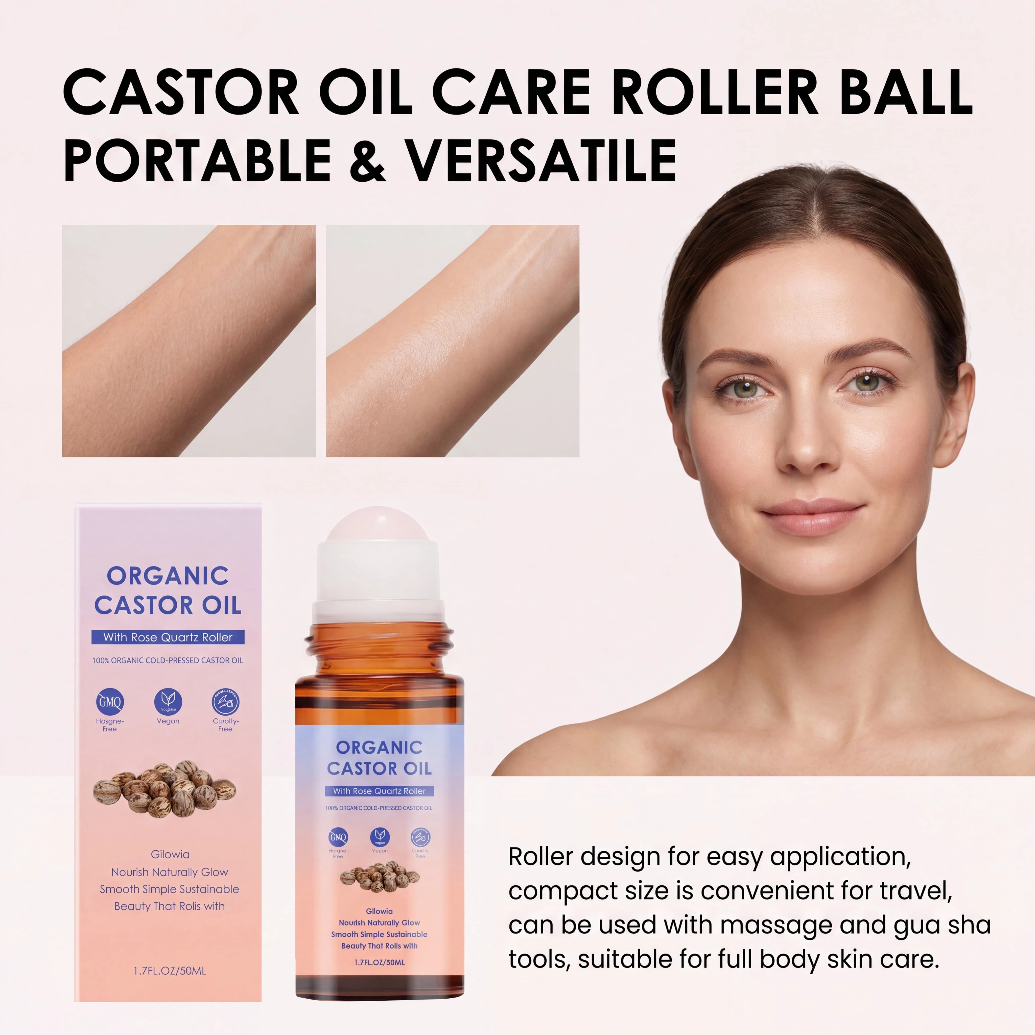 Huile de ricin biologique avec applicateur à bille en quartz rose