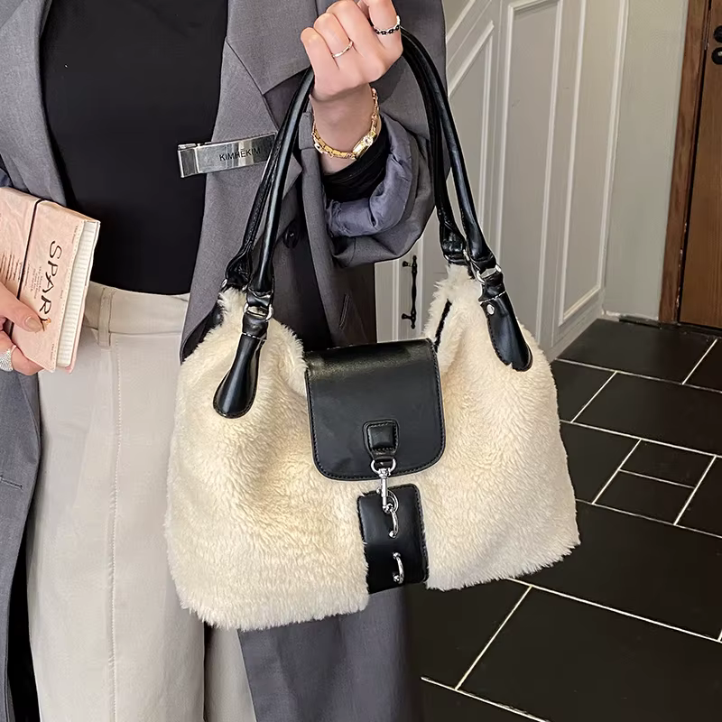 Sac à Main et Sac à Main de marque supérieure pour femmes, Sac à bandoulière en fausse fourrure de styliste, fourre-tout sous les bras en peluche moelleuse, Sac d'hiver